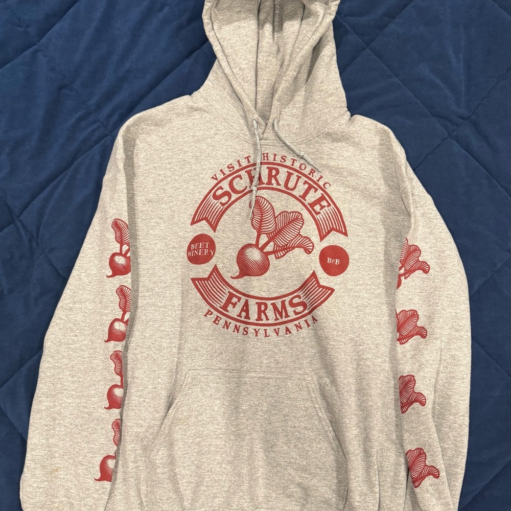 Gray Schrute Farms Hoodie with Red Print